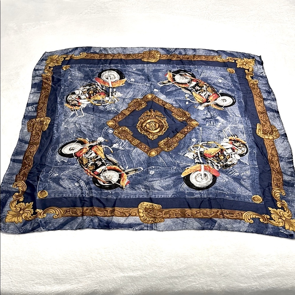 Bill Blass Scarf - Motorcycle Print Denim Jean Square Blue Gold Brown Vintage?